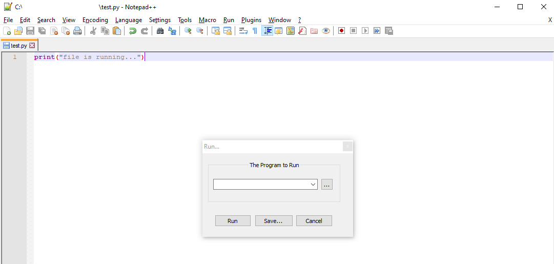 Notepad++의 실행할 프로그램 창